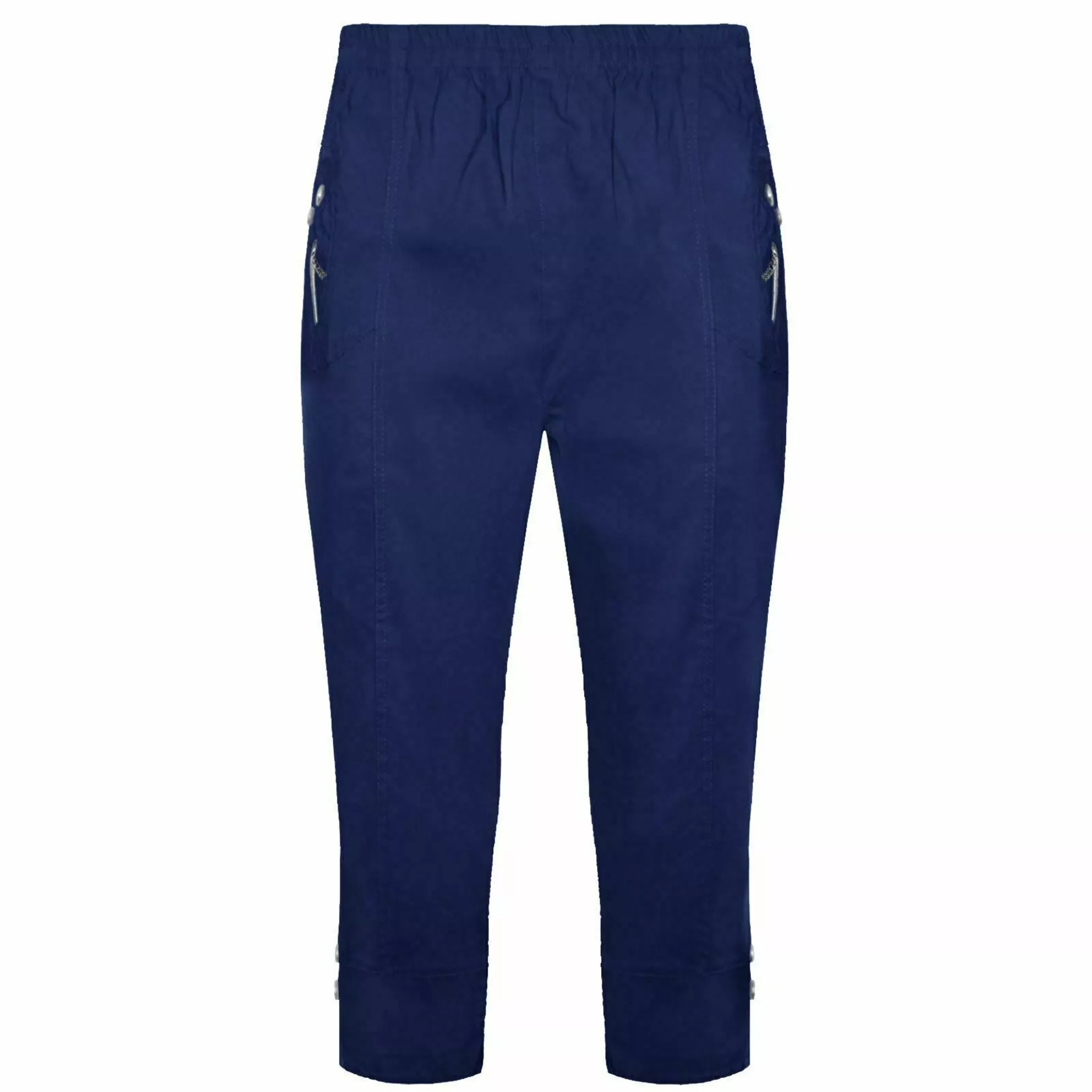 Ladies navy blue 3/4 cropped trousers with zip pocket and button detail summer fashion